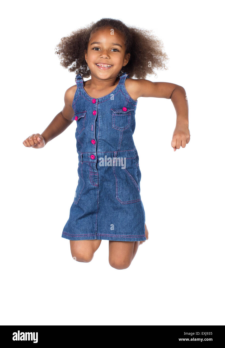 Adorable Cute African Child With Afro Hair Wearing A Denim Dress