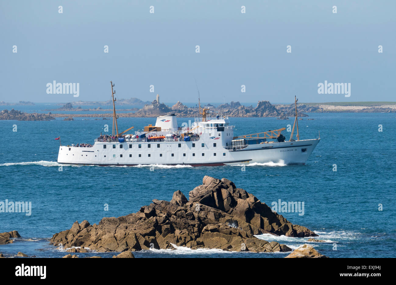 Scillonian III, Isles of Scilly ferry passenger ship passing between St. Mary's and St Agnes shortly before reaching St. Mary's. Stock Photo