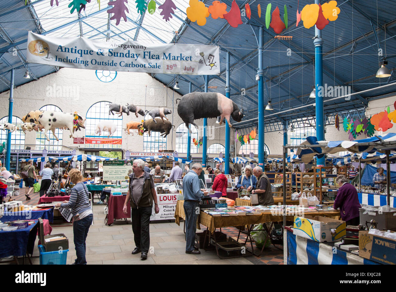 Flea market inside Market Hall building, Abergavenny, Monmouthshire, South Wales, UK Stock Photo