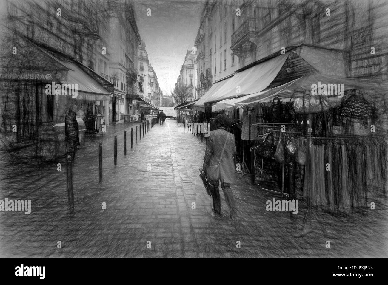 Digitally created sketch of a Parisian Street Stock Photo