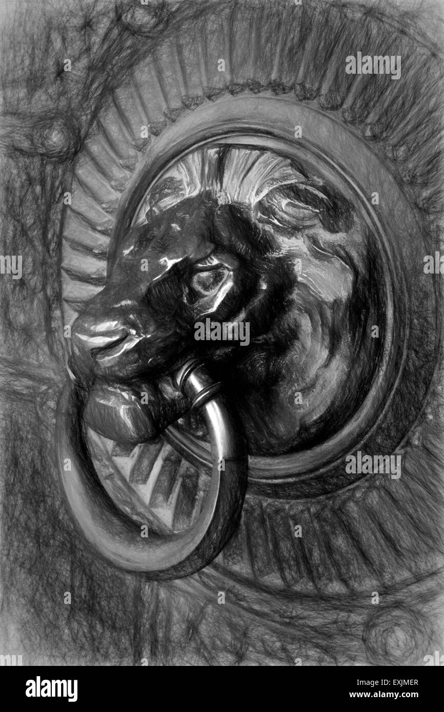 Black & white image of a door handle featuring a lion and a ring Stock Photo
