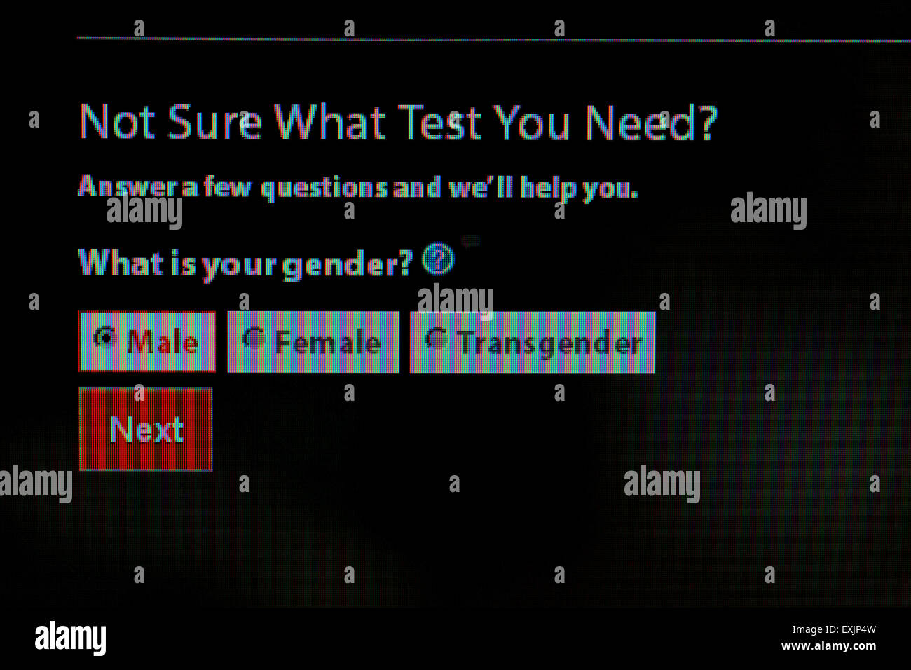 Gender selection of male, female, and transgender, on HIV / STD testing information on Centers for Disease Control Stock Photo