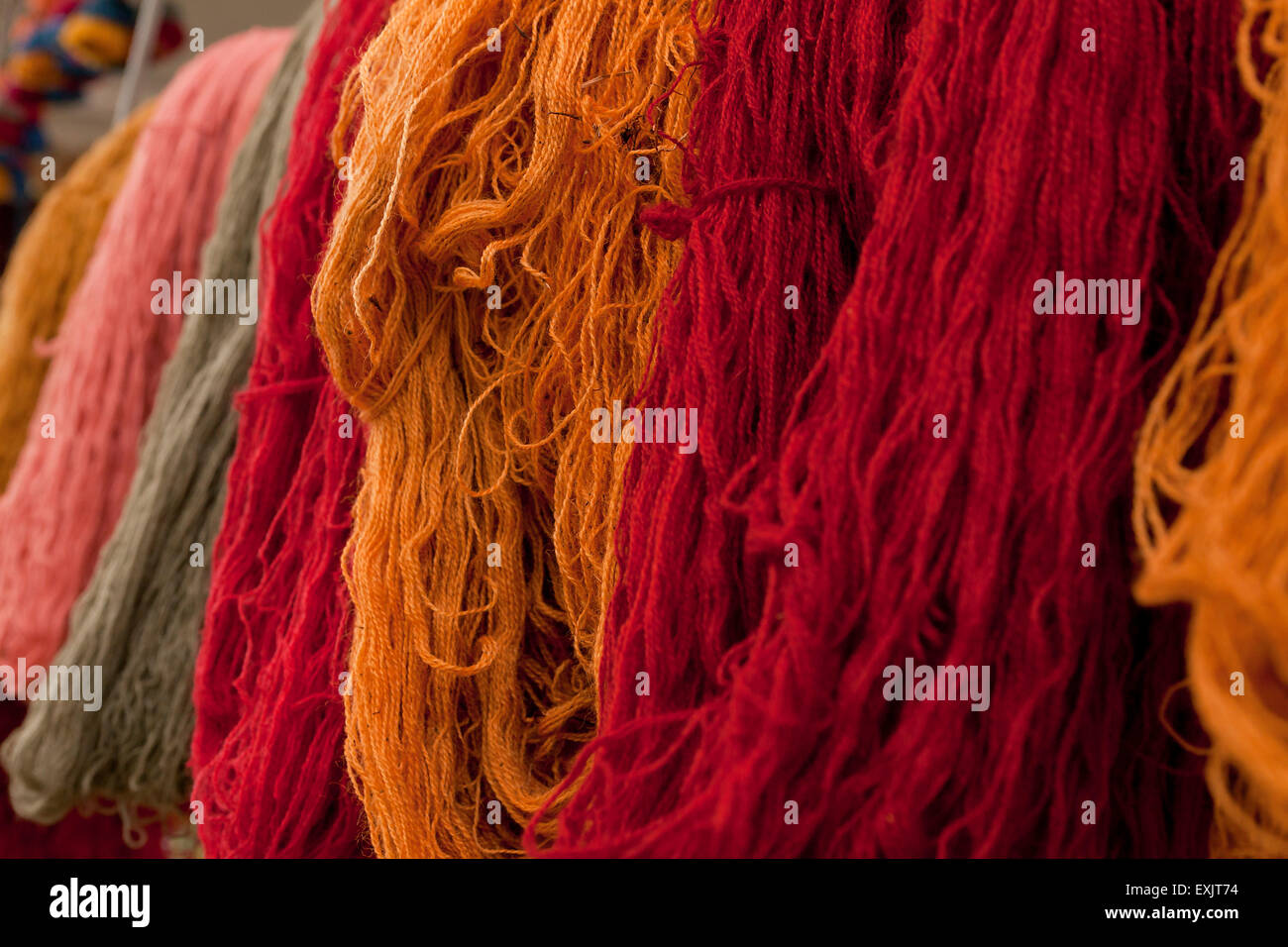 Wool yarn dyed with natural organic ingredients - Quechua people, Peru Stock Photo