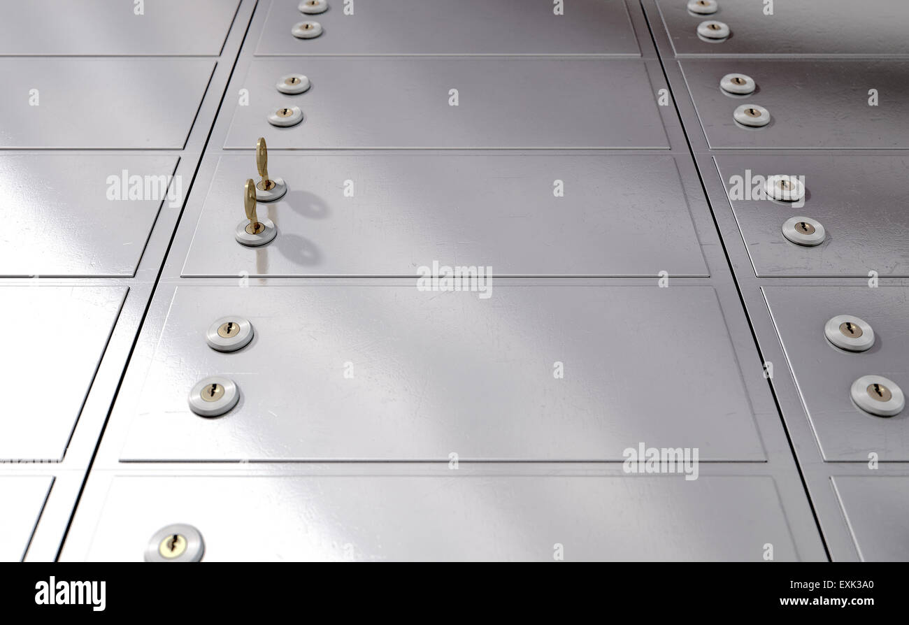A closeup of a wall of closed metal safety deposit boxes and one with
