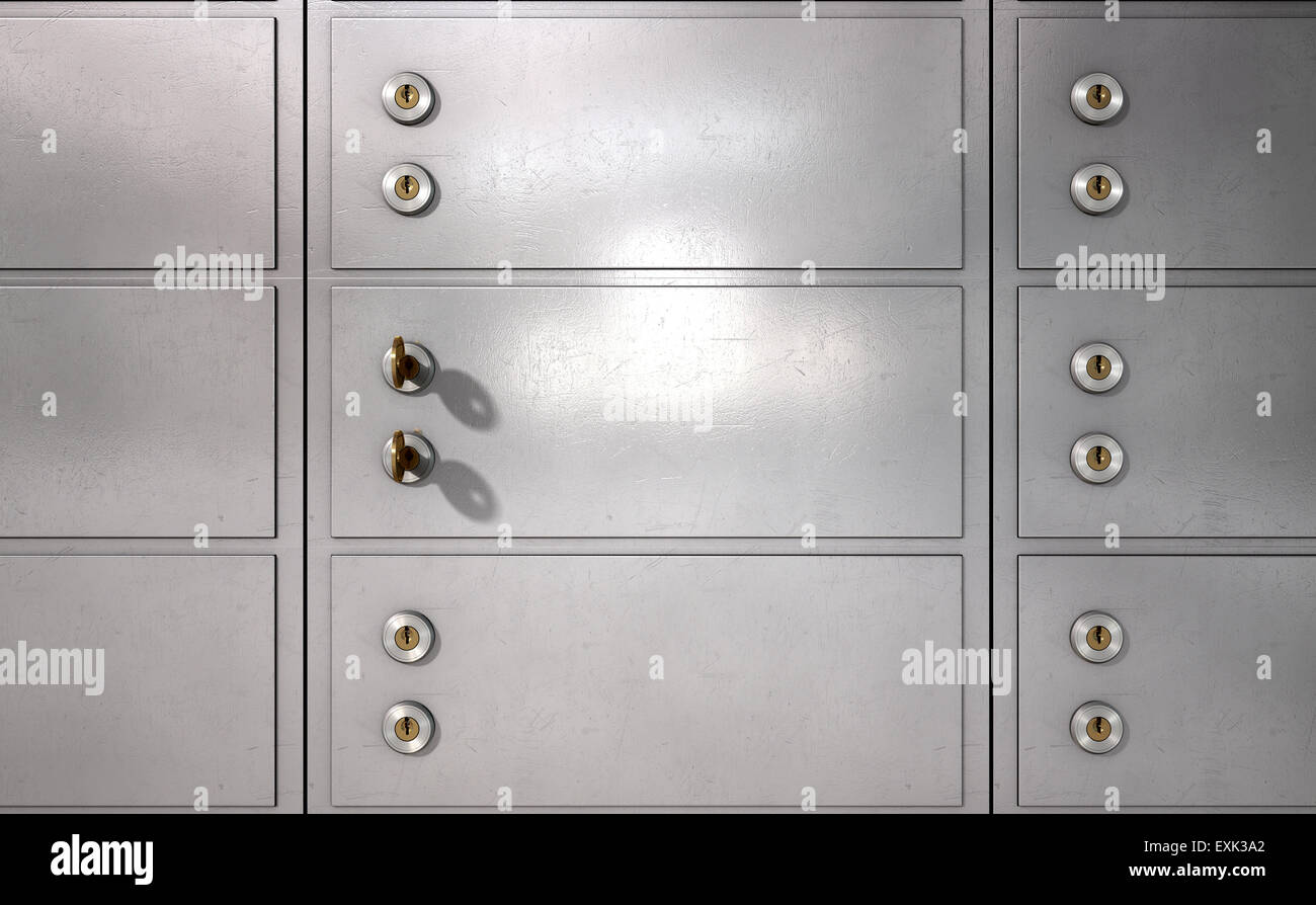 A closeup of a wall of closed metal safety deposit boxes and one with