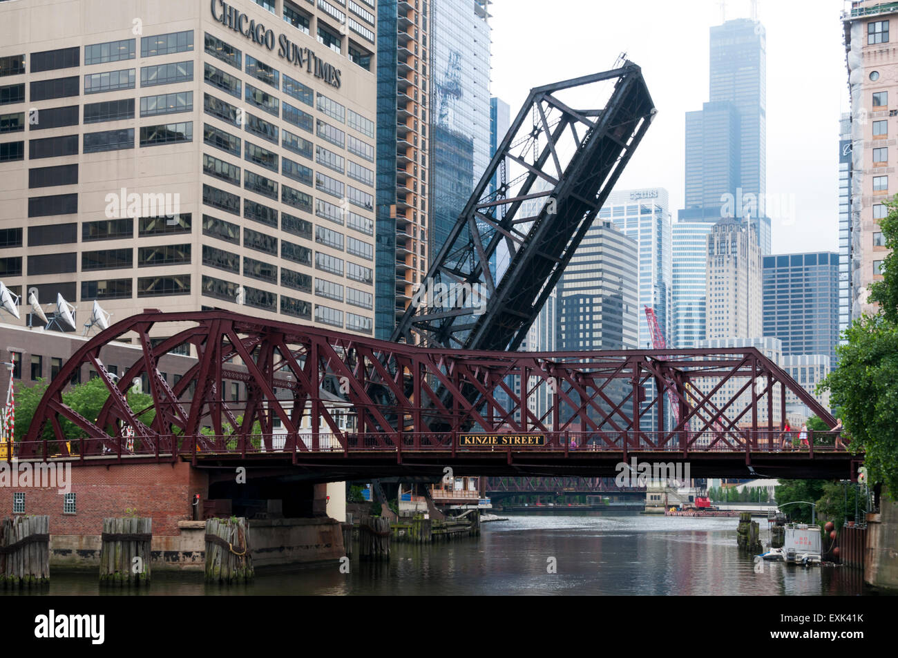 The Kinzie Street railroad bridge across the north branch of the Chicago River is now locked permanently open. Stock Photo
