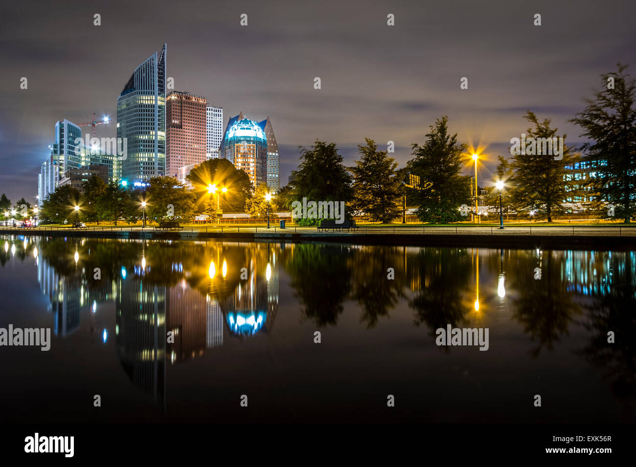 The Hague city skyline at night, with the reflection in a pond on the