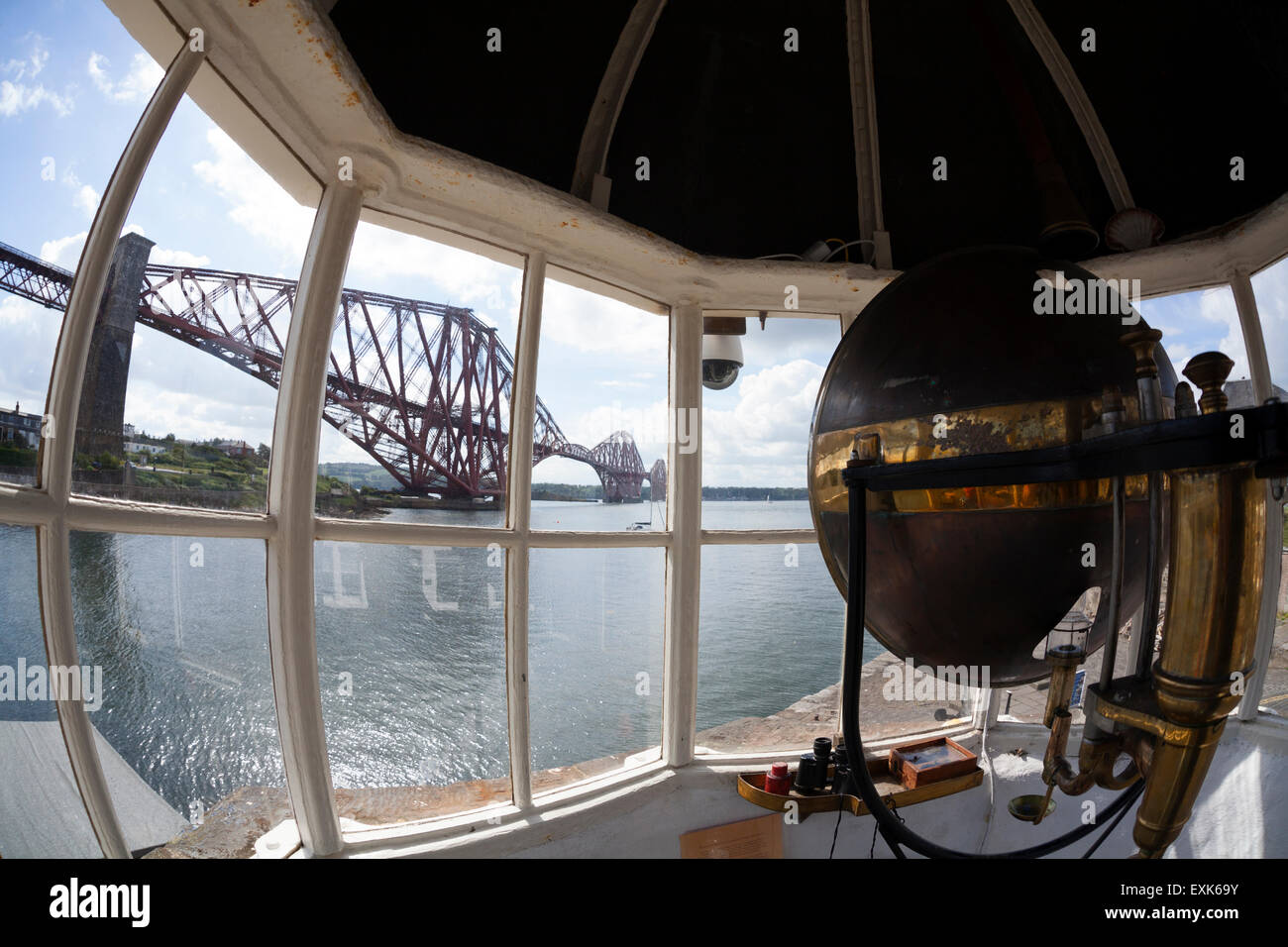 Inside the North Queensferry Light Tower with the Forth Bridge in the background, North Queensferry, Fife Stock Photo