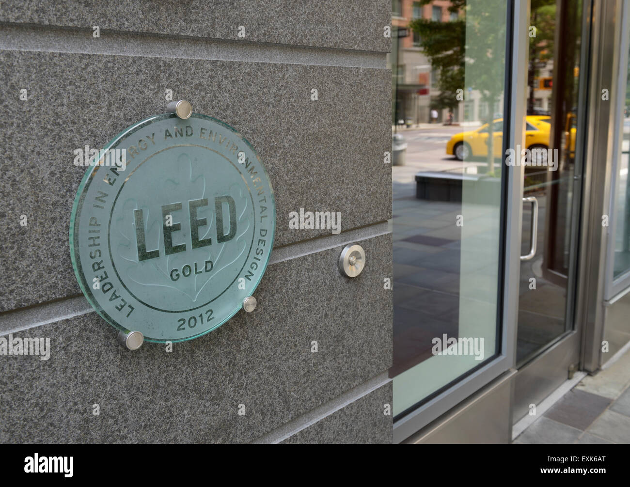 LEED gold rating sign for environmental efficiency on apartment building in NYC, Battery Park City Stock Photo