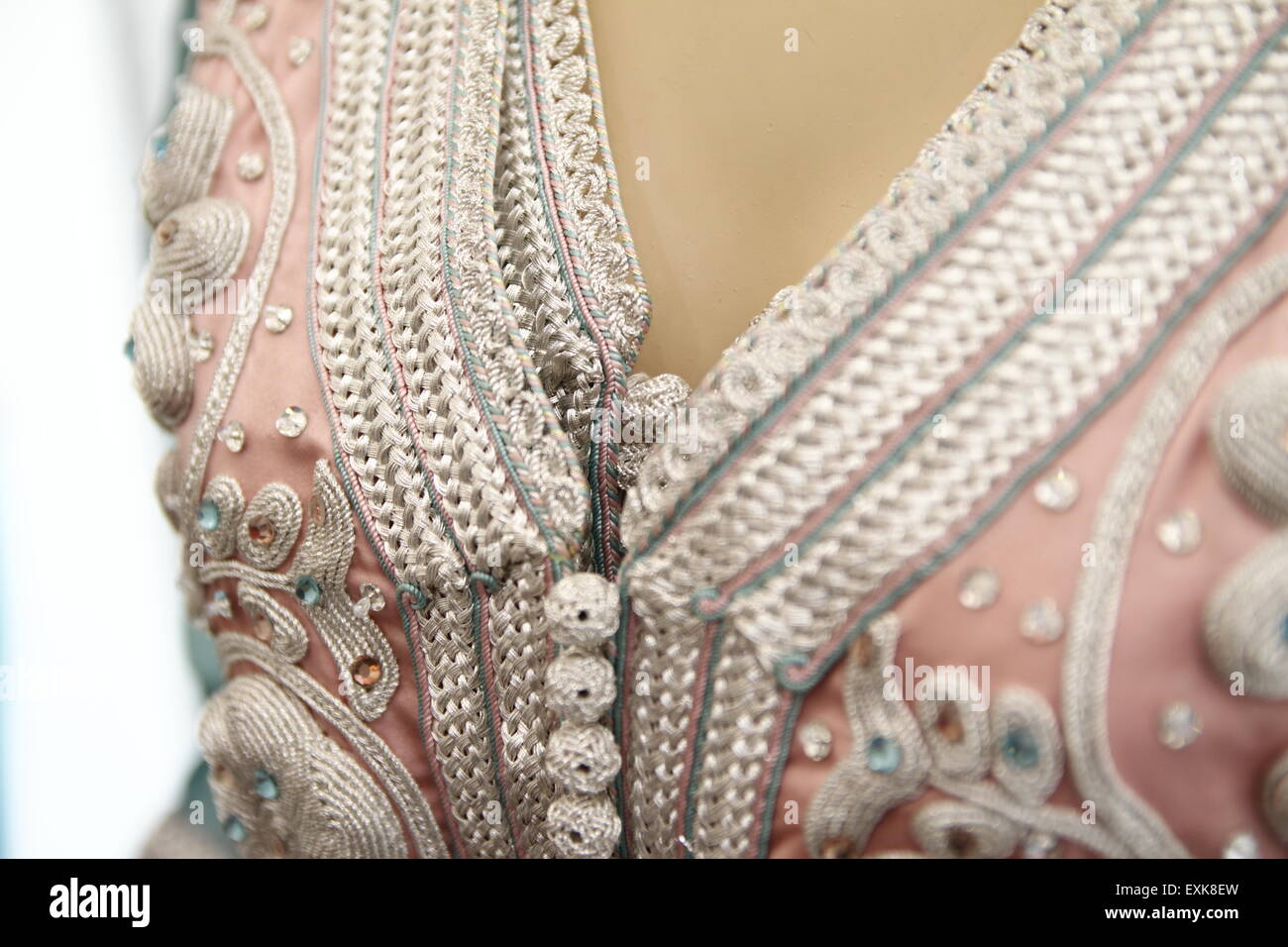Hand-Embroidered Details of a Moroccan Caftan from Fez Artisans Stock Photo