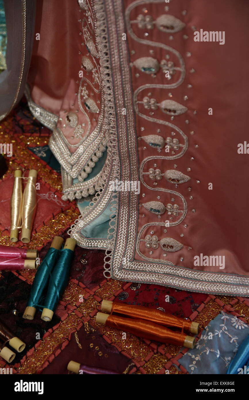 Hand-Embroidered Details of a Moroccan Caftan from Fez Artisans Stock Photo
