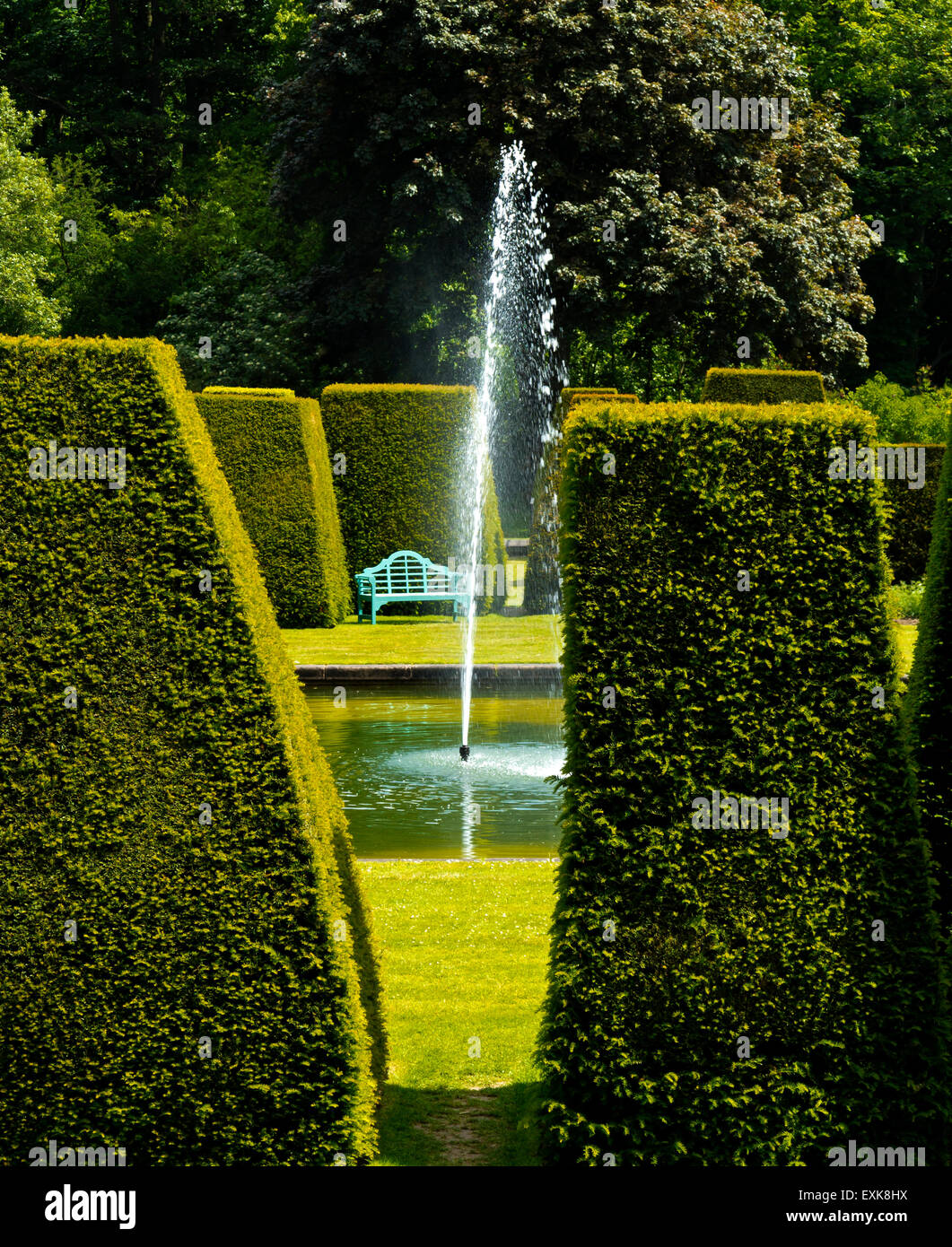 View of fountain and topiary hedges in the garden at Renishaw Hall ...