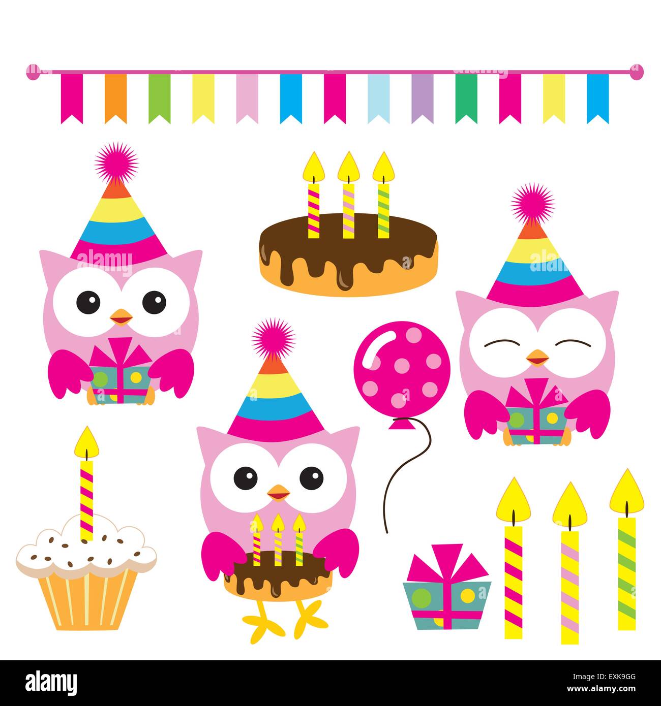 Owl Birthday Pink Cute Funny Cartoon Illustration Isolated Vector