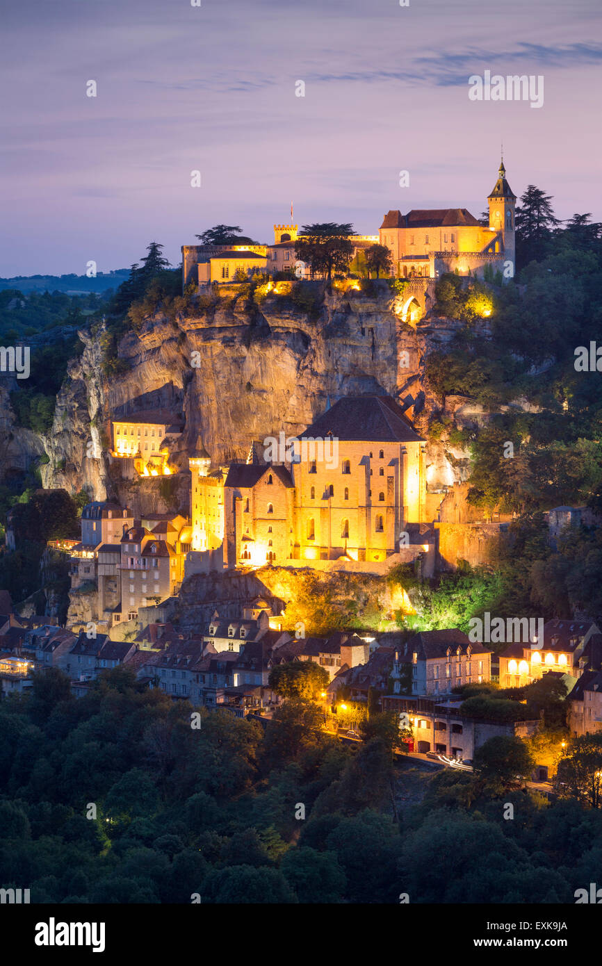 Twilight view over Medieval town of Rocamadour, Lot Department, Midi-Pyrenees, France Stock Photo