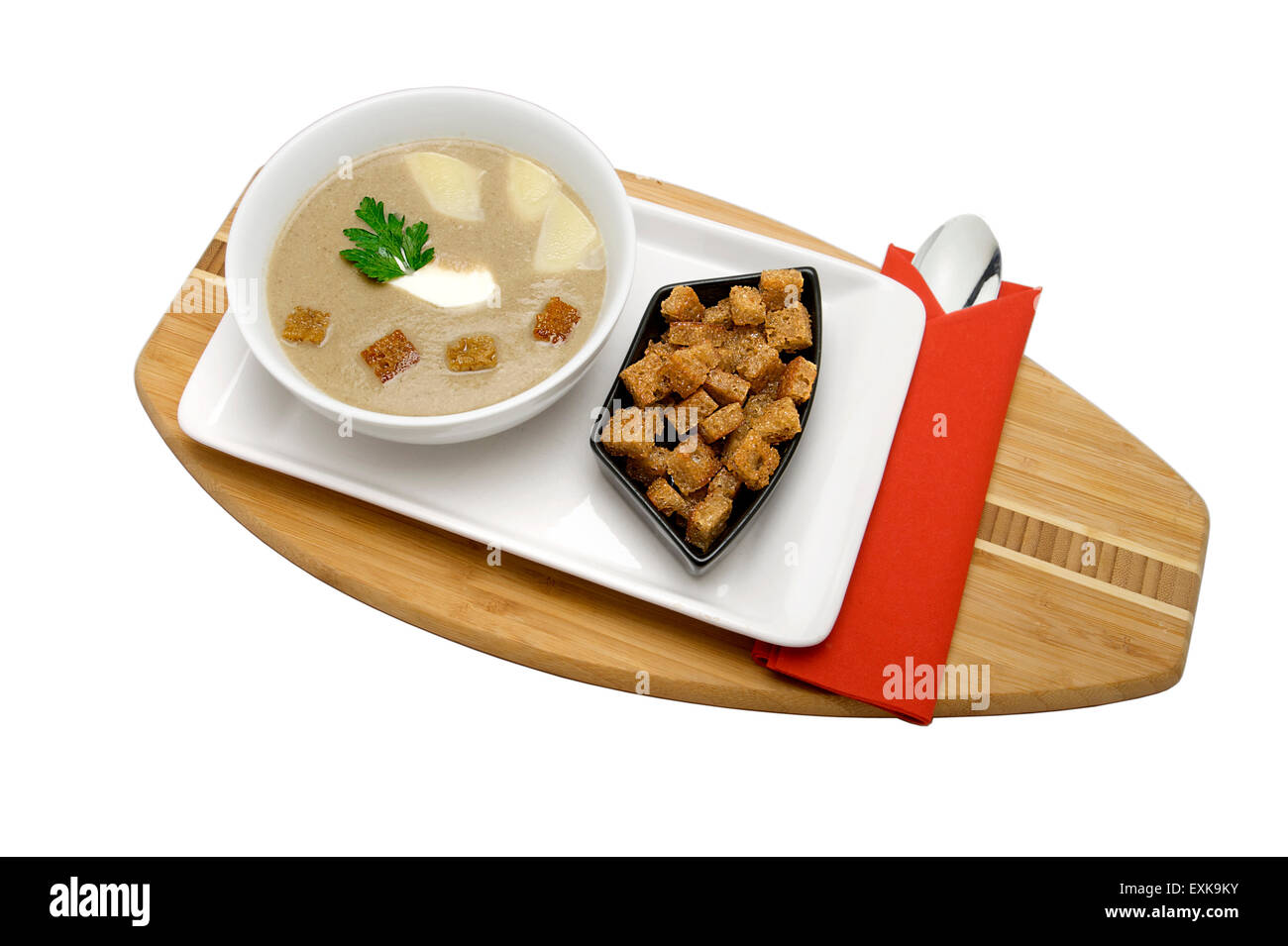 cream soup with croutons isolated on white background Stock Photo
