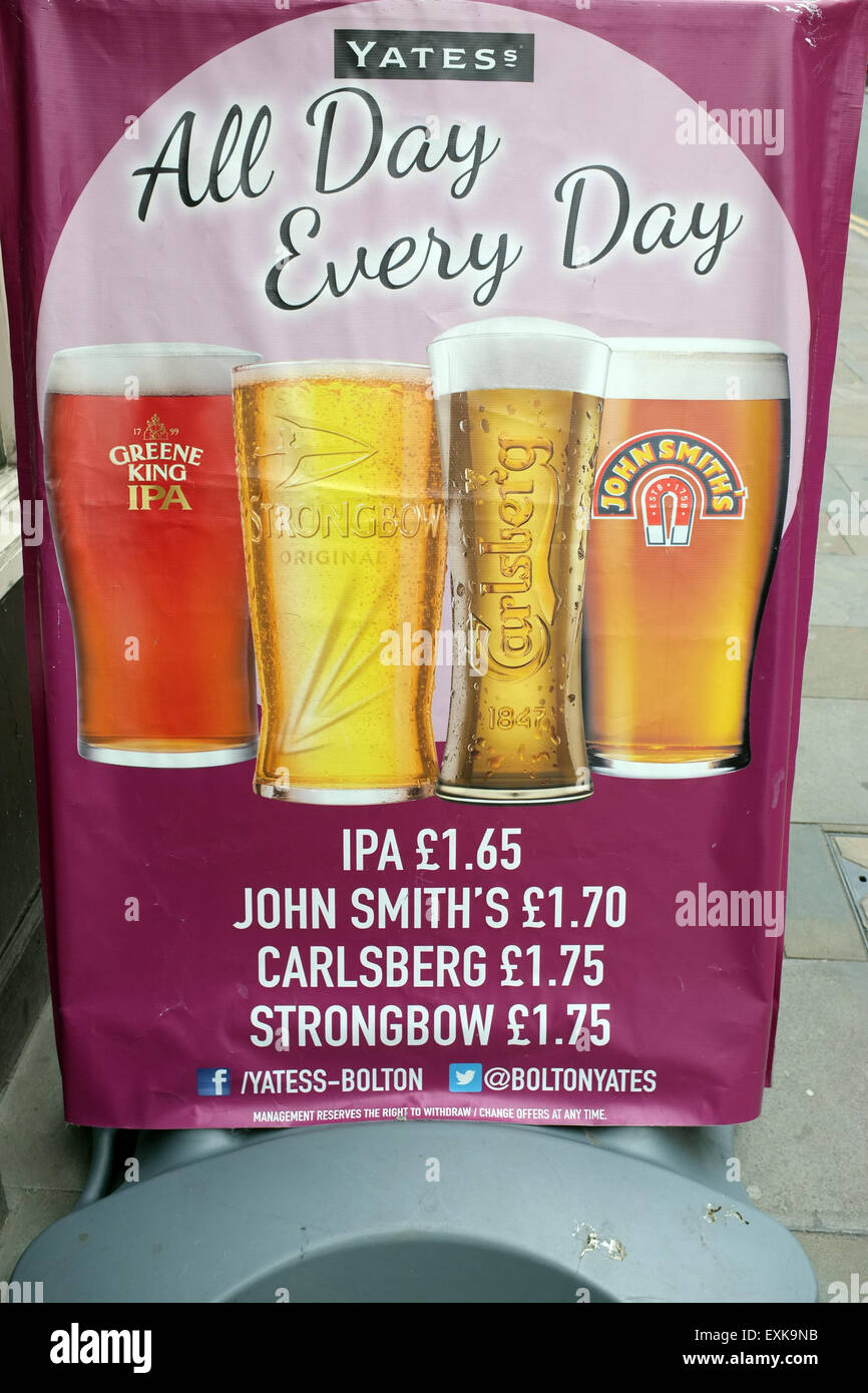 Cheap beer lager and cider prices sign in the North West, England UK Stock Photo