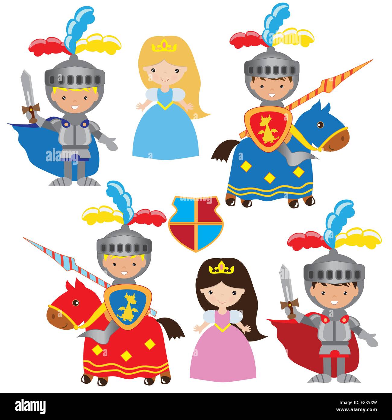 knight,princess,medieval,vector,cartoon,illustration Stock Vector
