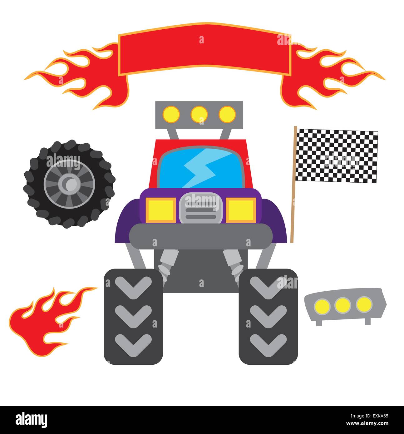 Monster Truck Vector Cartoon Vehicle or Car and Extreme Transport  Illustration Set of Heavy Monstertruck with Large Stock Vector -  Illustration of fire, cartoon: 118152663