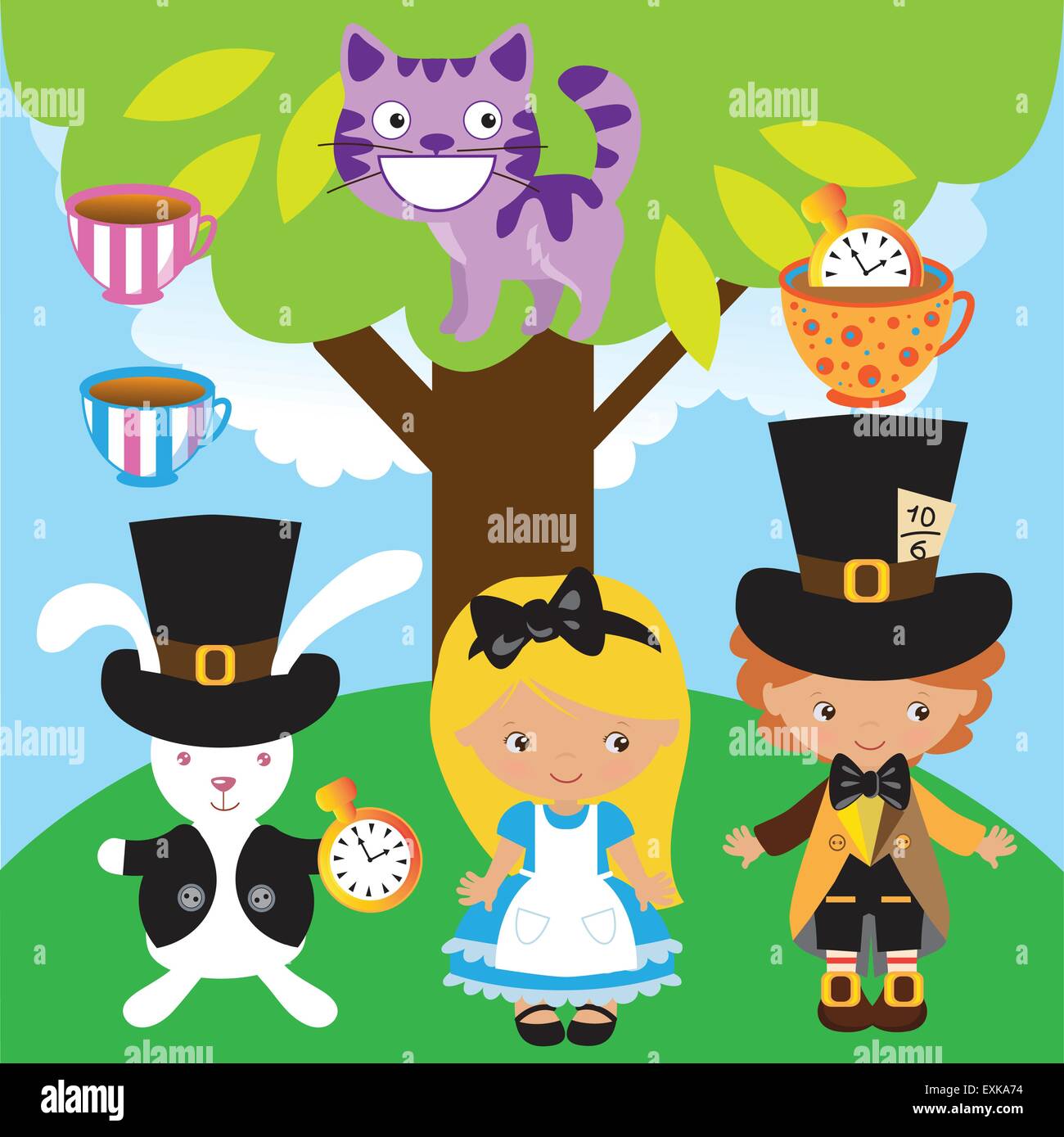alice in wonderland,white rabbit,Cheshire Cat,girl,blonde,cute,funny,vector,cartoon,illustration Stock Vector