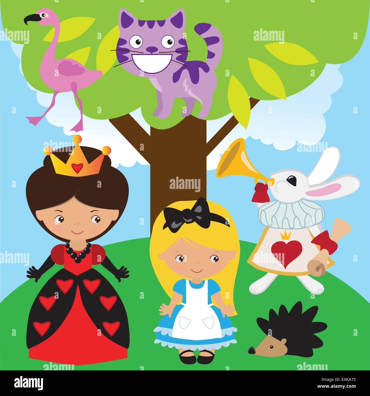 alice in wonderland,Queen of Hearts,white rabbit,flamingo,Cheshire Cat, girl,blonde,cute,funny,vector,cartoon,illustration Stock Vector