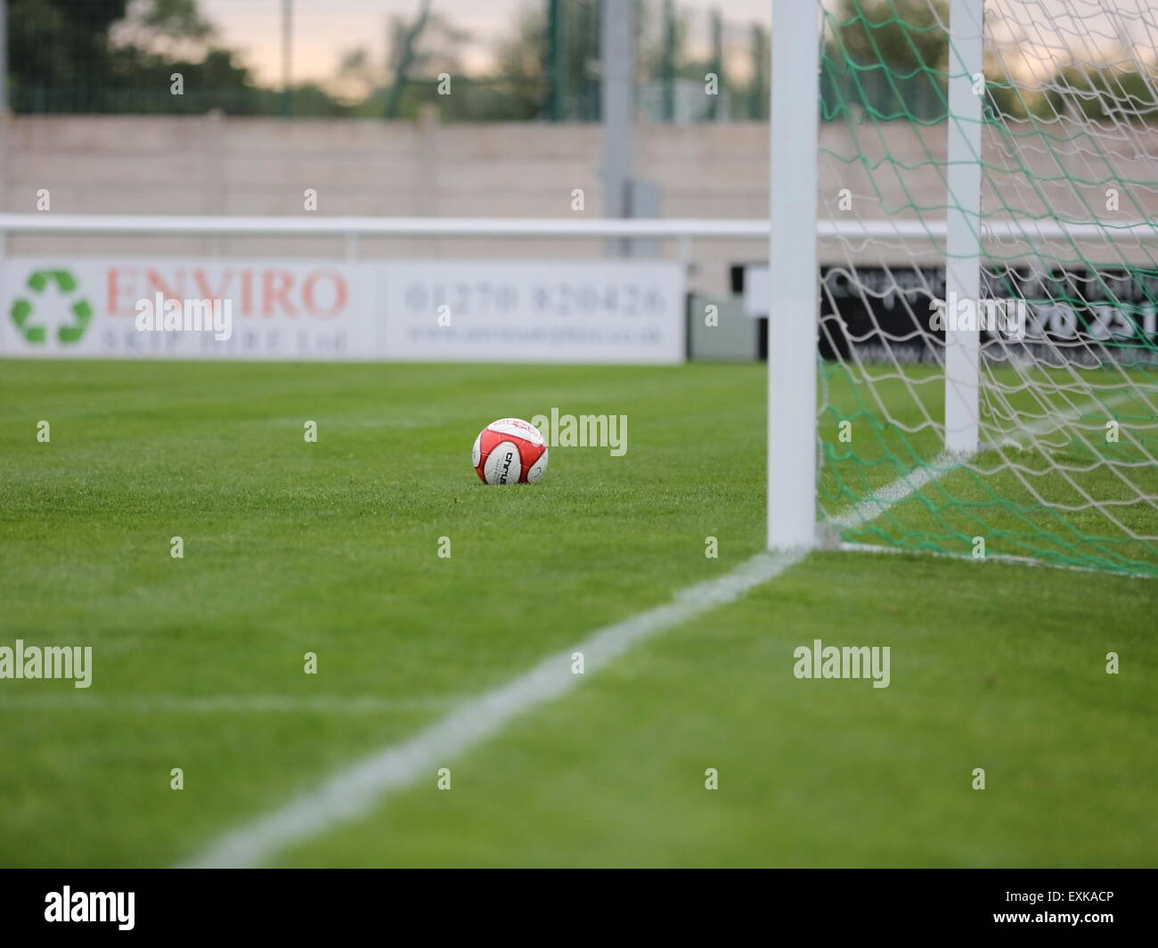 Nantwich, UK. 14th July, 2015. The ball in front of goal after Lewis Short's second goal during the pre-season friendly match at The Weaver Stadium, Nantwich. Credit:  SJN/Alamy Live News Stock Photo