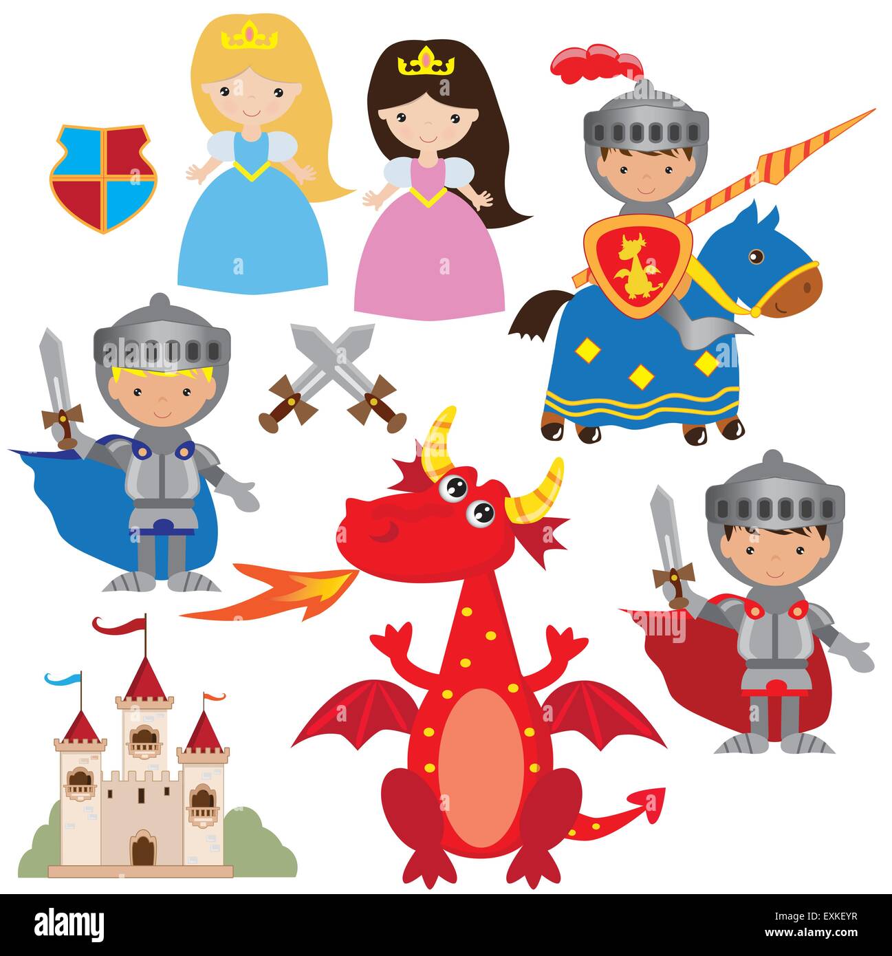 knight,princess,dragon,castle,medieval,vector,cartoon,illustration Stock Vector