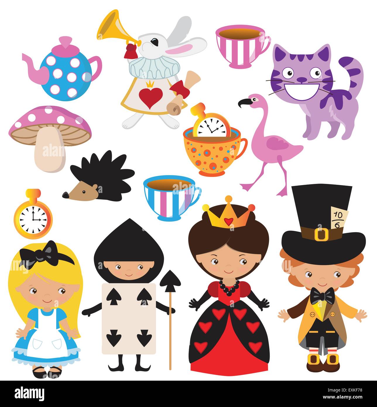 alice in wonderland,Queen of Hearts,white rabbit,flamingo,Cheshire Cat, girl,blonde,cute,funny,vector,cartoon,illustration Stock Vector