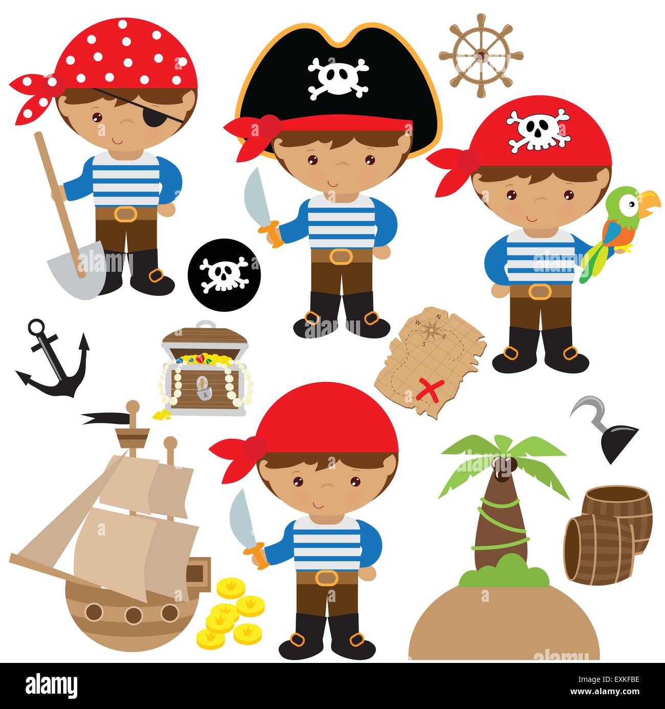 pirate,boy,pirate ship, treasure chest, island, palm tree, map, skull, jolly roger, parrot Stock Vector