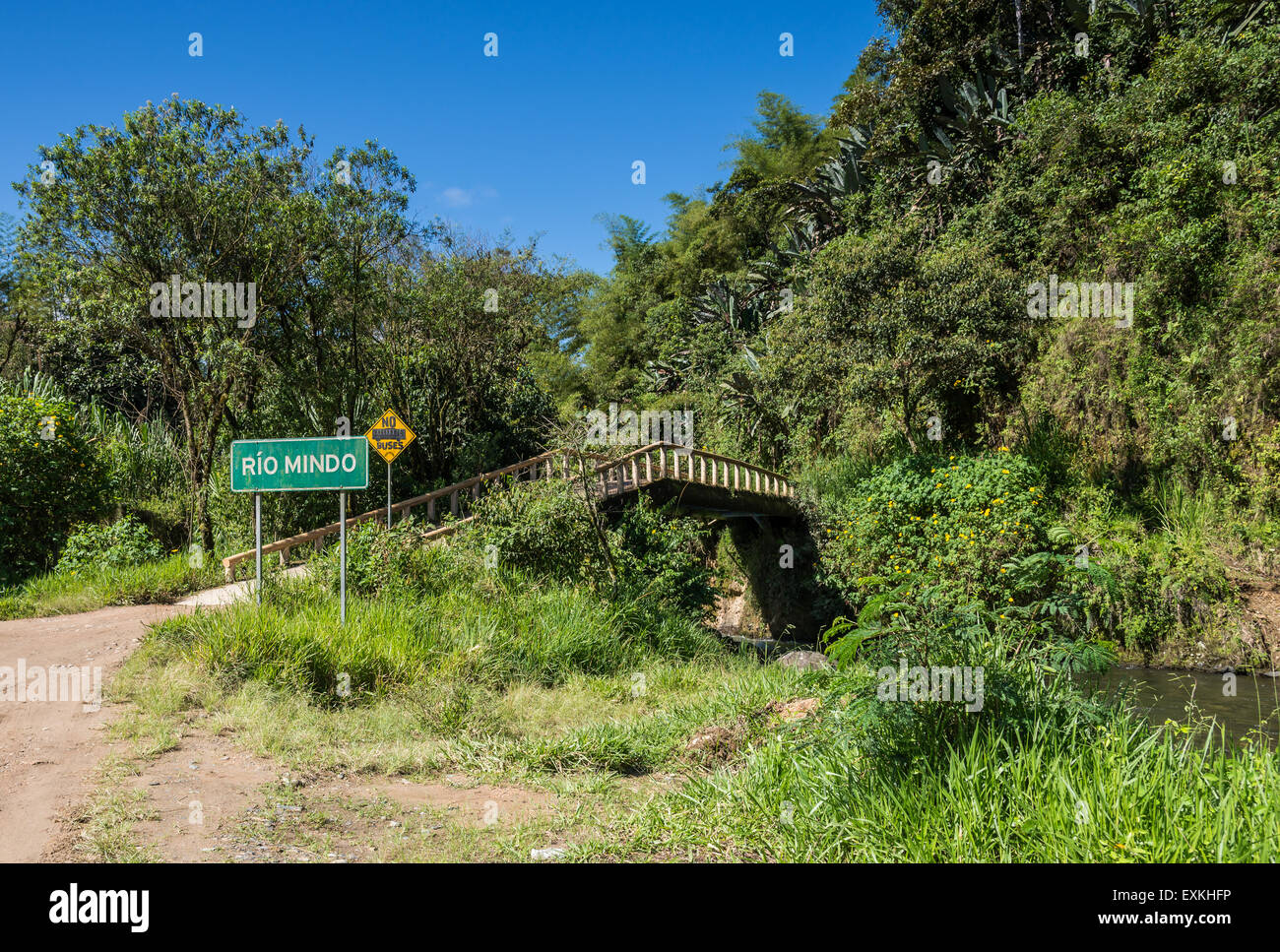 A small bridge across Rio Mindo. Mindo, Ecuador. Stock Photo