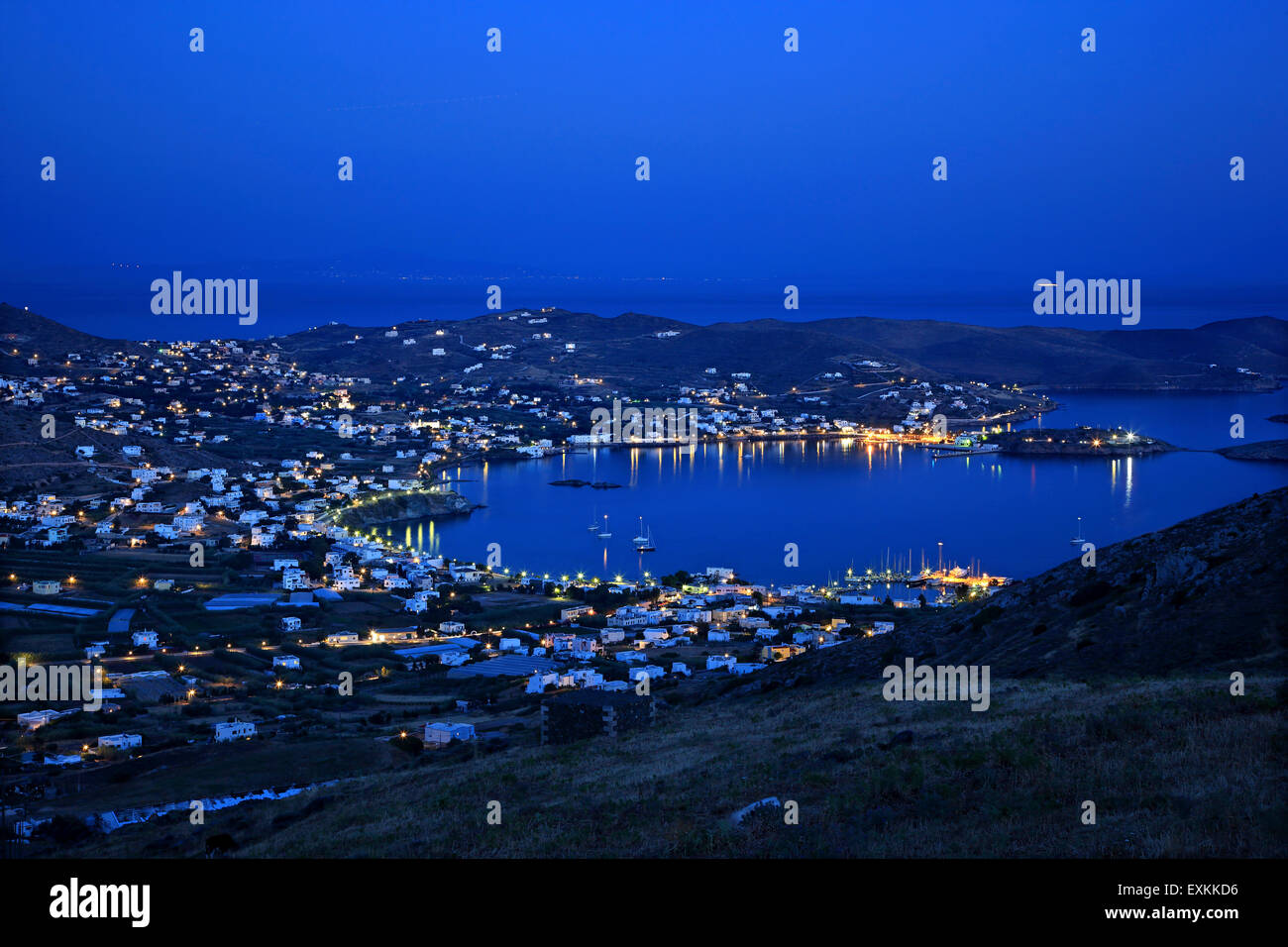 Foinikas (front) & Poseidonia (back -old name "Dellagrazia") villages, Syros island, Cyclades, Aegean sea, Greece. Stock Photo