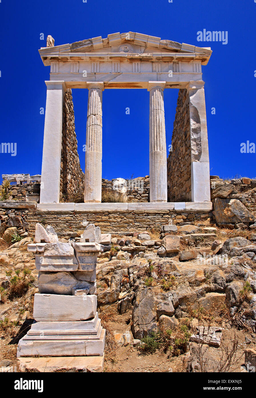 The Temple of Isis (Temple of the Egyptian Gods)  in the archaeological site of the 'sacred' island of Delos, Cyclades, Greece. Stock Photo