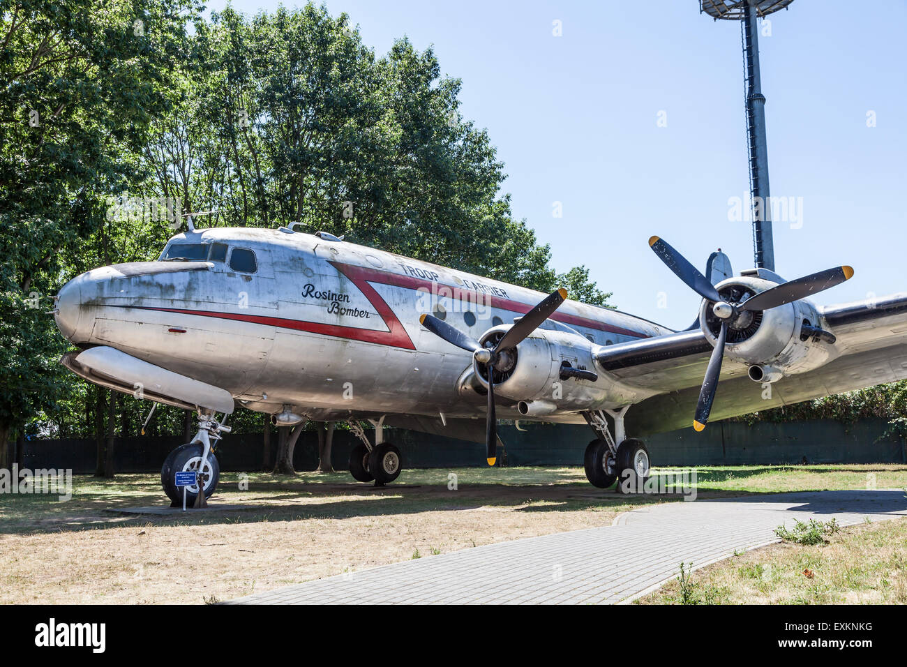 Raisin Bomber Douglas DC-3 at the Airlift Memorial at Frankfurt Airport. July 10, 2015 in Frankfurt Main, Germany Stock Photo