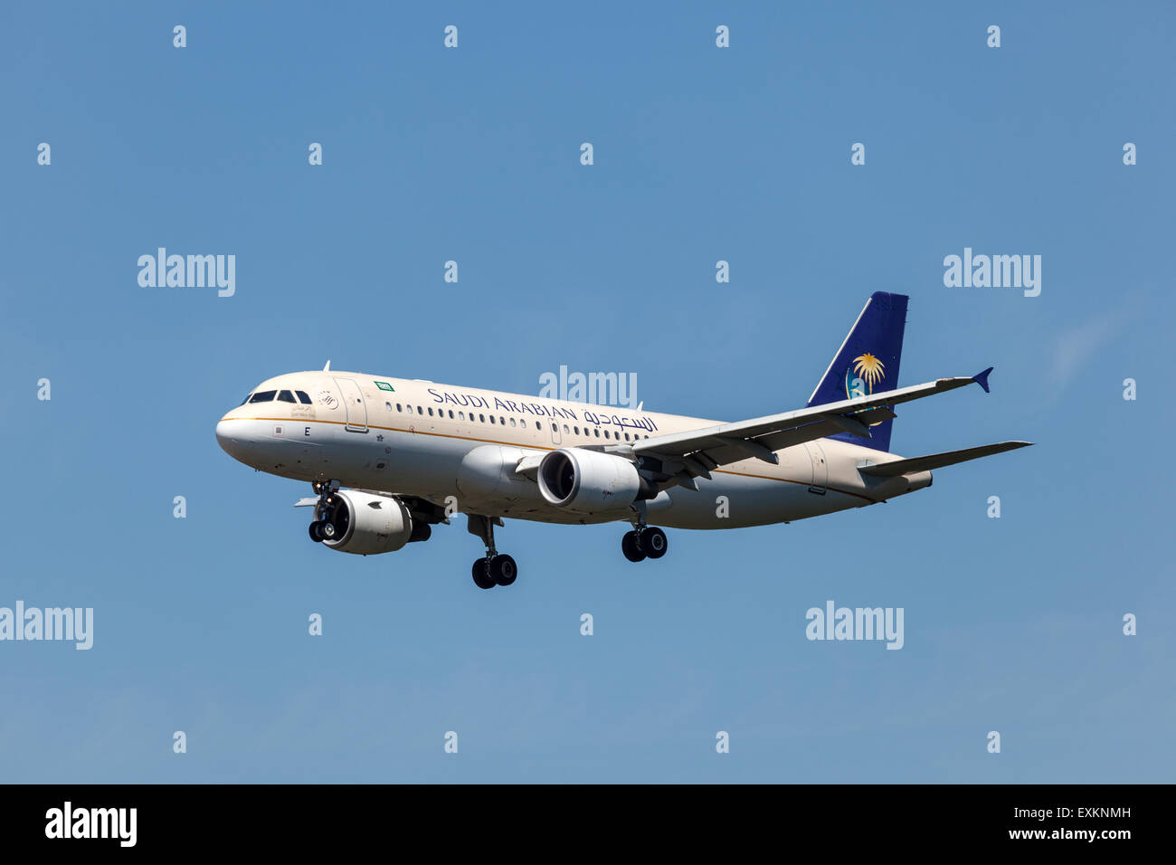 Airbus A320 aircraft of the Saudi Arabian airline landing at the international airport in Frankfurt. July 10, 2015 in Frankfurt Stock Photo