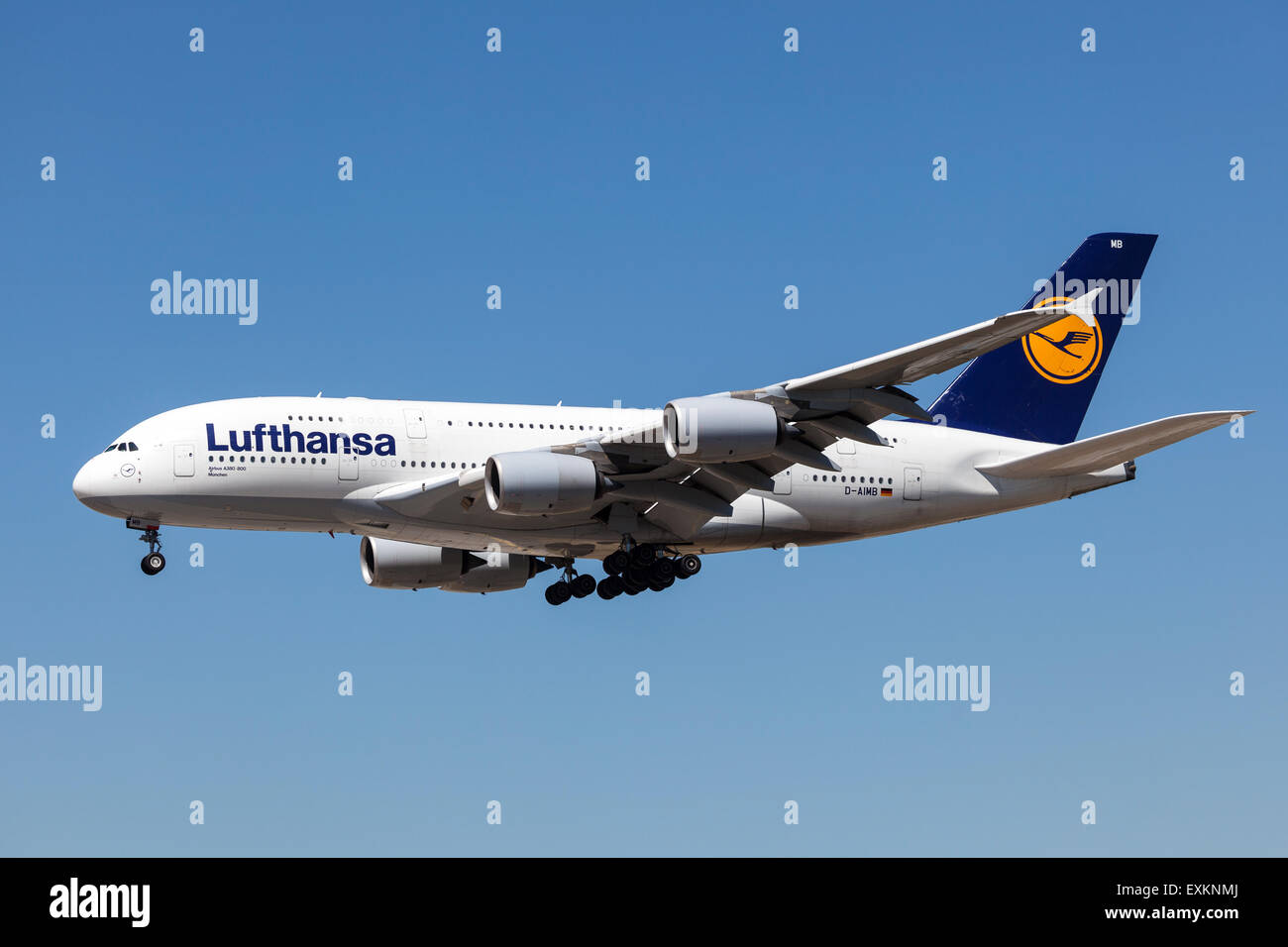Airbus A380-800 airplane of the german airline Lufthansa which is based in Frankfurt. July 10, 2015 in Frankfurt Main, Germany Stock Photo