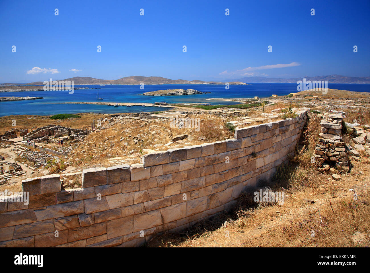 The ancient theater in the archaeological site of the 'sacred' island of Delos. Cyclades, Greece. Stock Photo