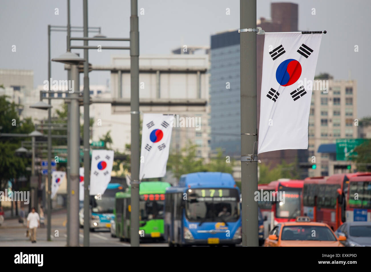 Korean National Flags hanging on the light posts on the street near Gwanghwamun Square in Seoul, South Korea Stock Photo