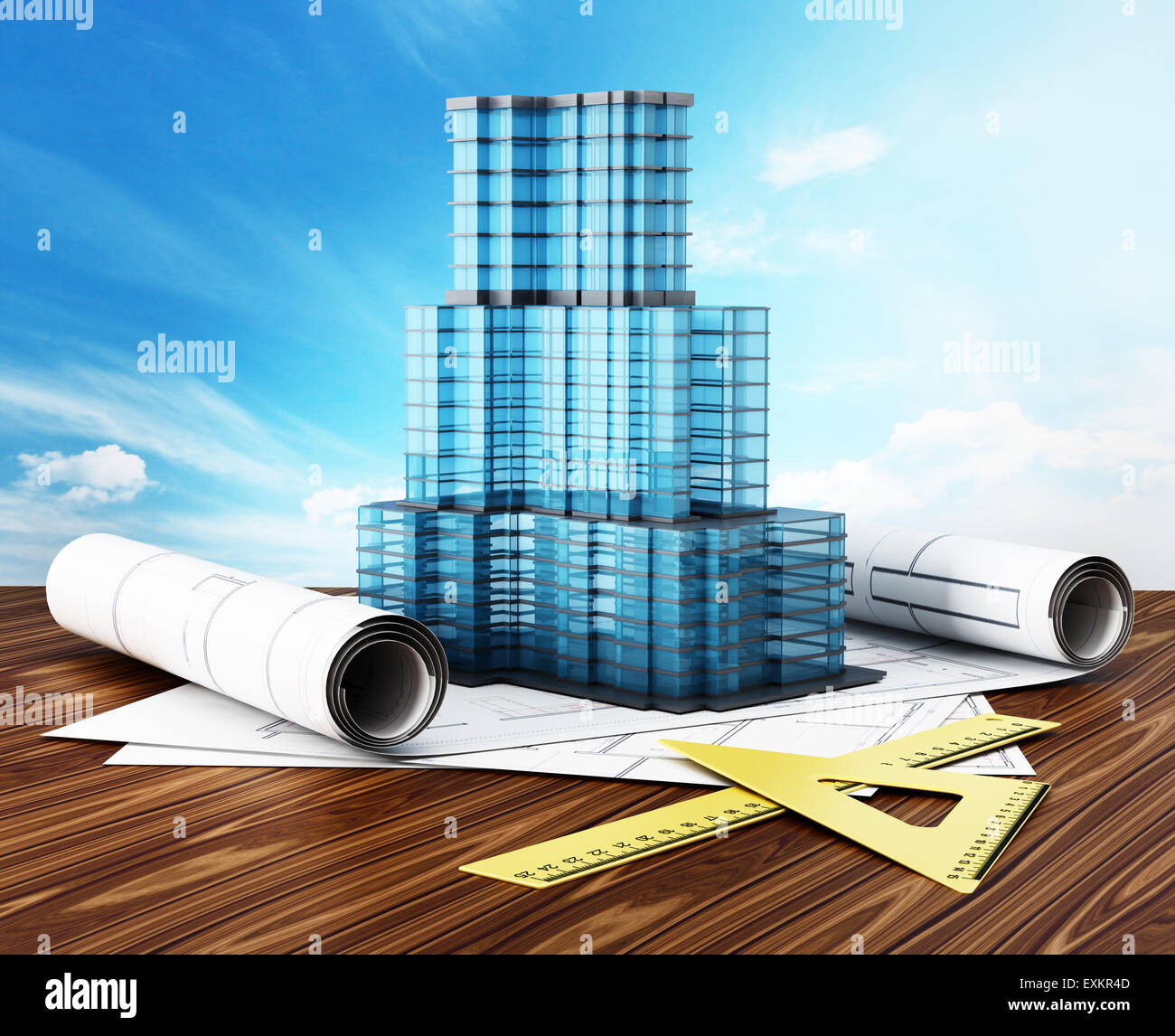 Building construction project with model of the building on the ...