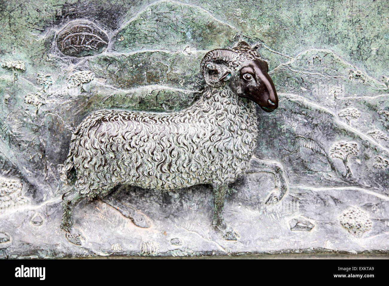 Roman period ram, carved relief on a sarcophagus panel inside the Camposanto Monumentale cemetery. Pisa, Tuscany, Italy. Stock Photo