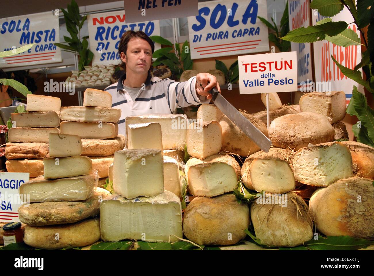 the truffle market in Alba, Piedmont region, Italy, sale of typical cheeses Stock Photo