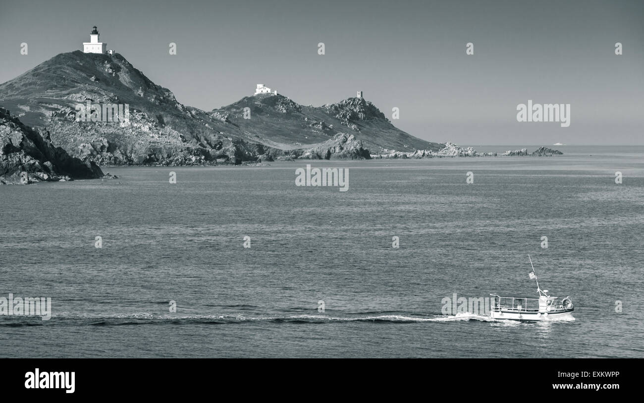Isles Sanguinaires, small archipelago near Ajaccio, Corsica, France. Monochrome photo Stock Photo