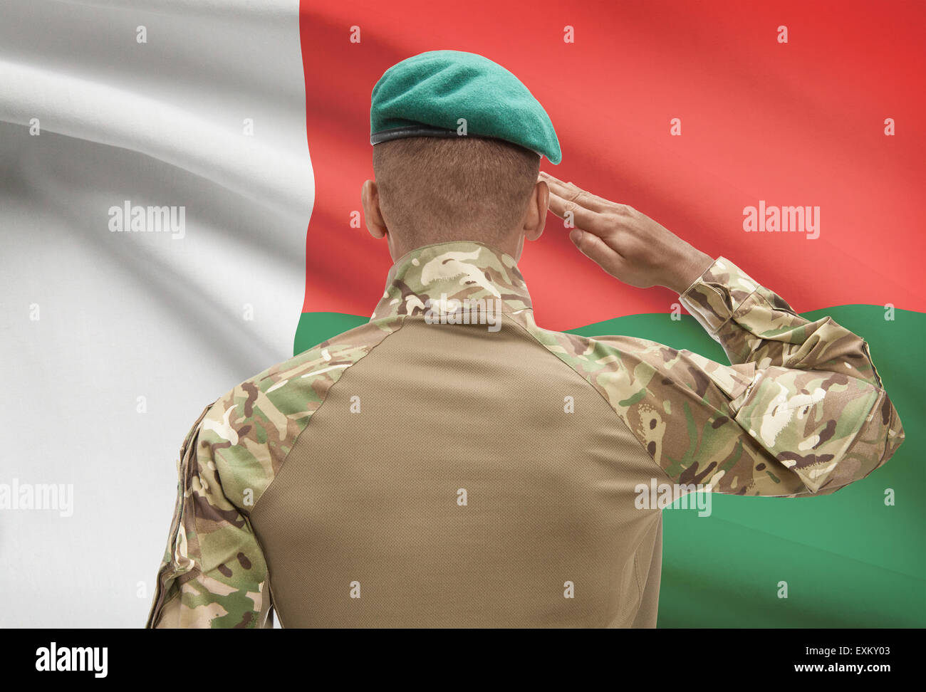 Dark-skinned soldier in hat facing national flag series - Madagascar ...