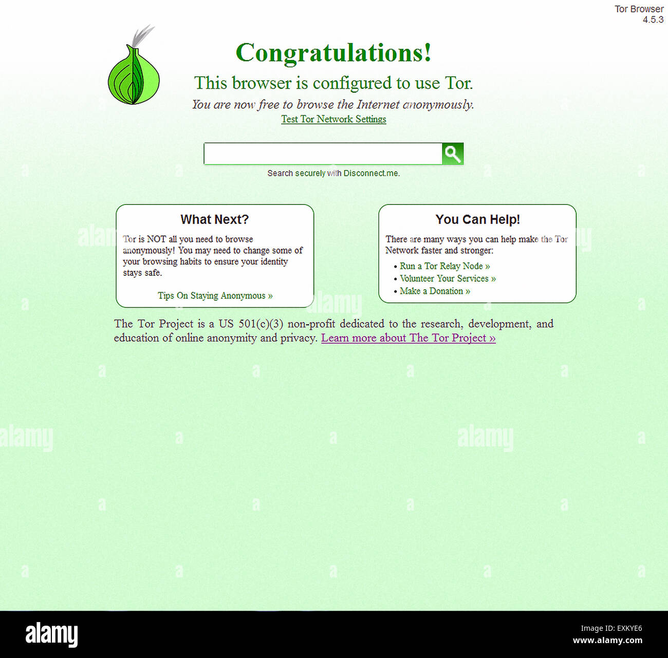 Start up screen for The Onion Browser, better know as 'Tor' that allows users to access the Internet anonymously. The Tor anonymity network bounces Internet traffic around a distributed network ('onion routing') of relays run around the world preventing third parties monitoring your connection. Stock Photo