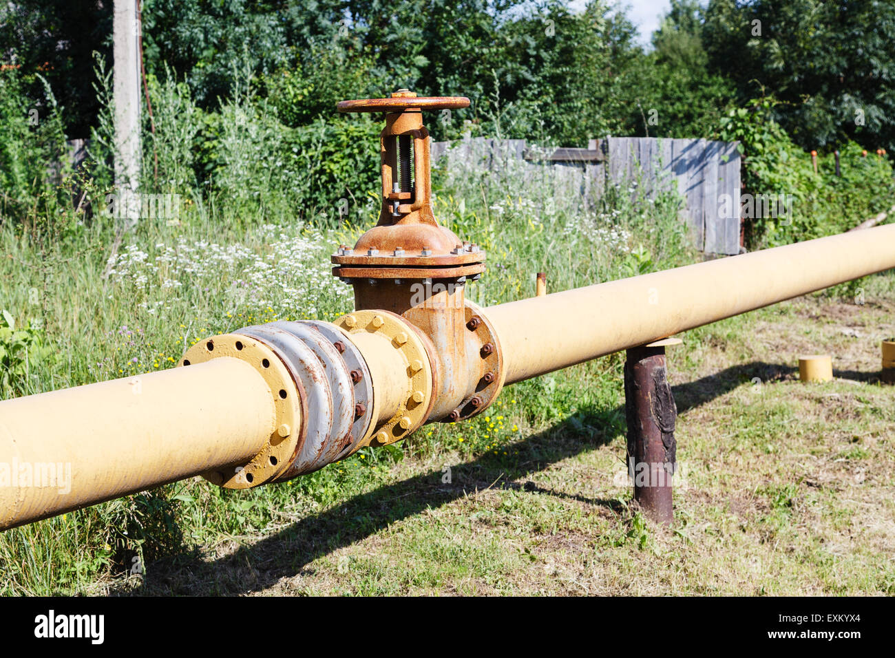 country gasification - gas line in village in summer day Stock Photo
