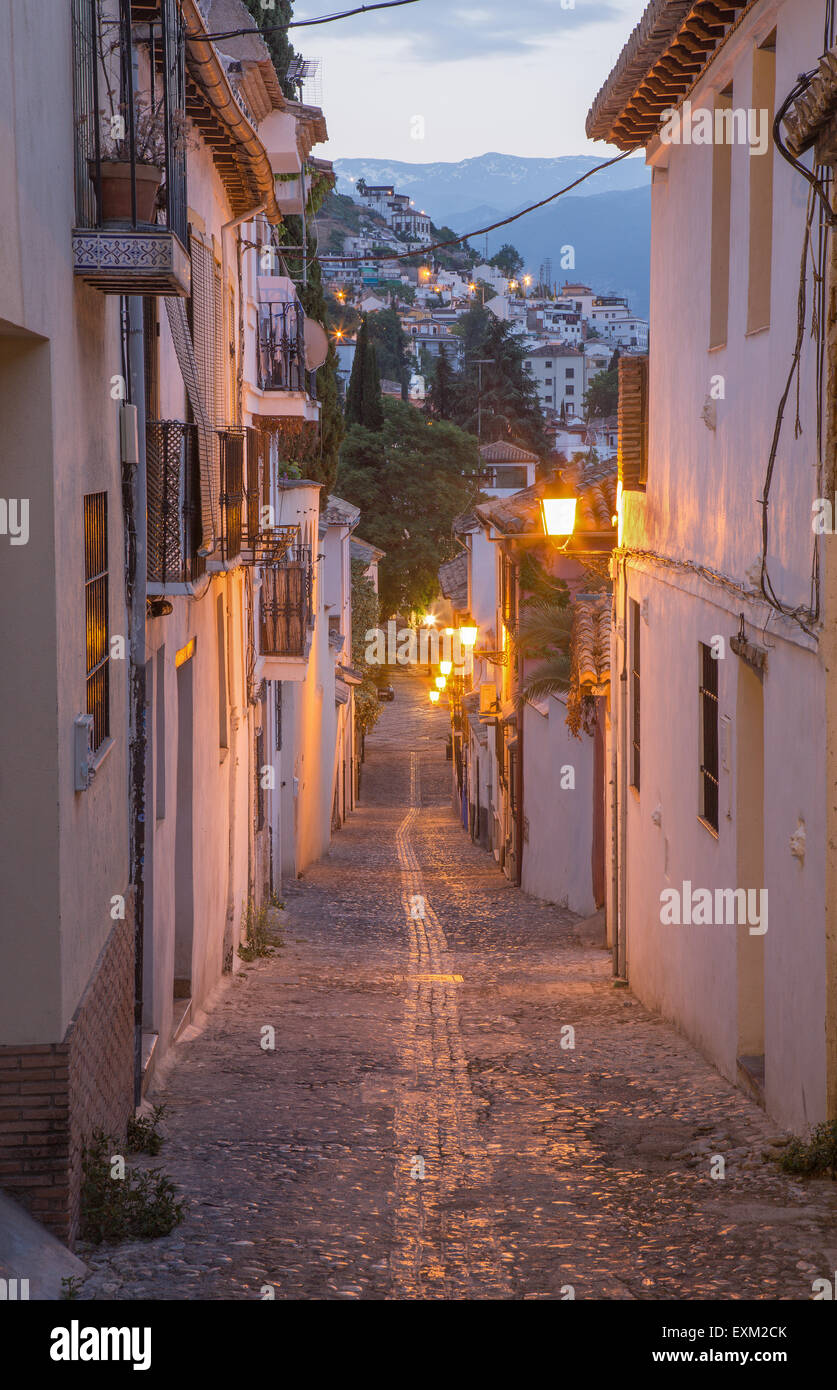 Granada - The ascent to Alhambra palace across the old street in morning dusk. Stock Photo