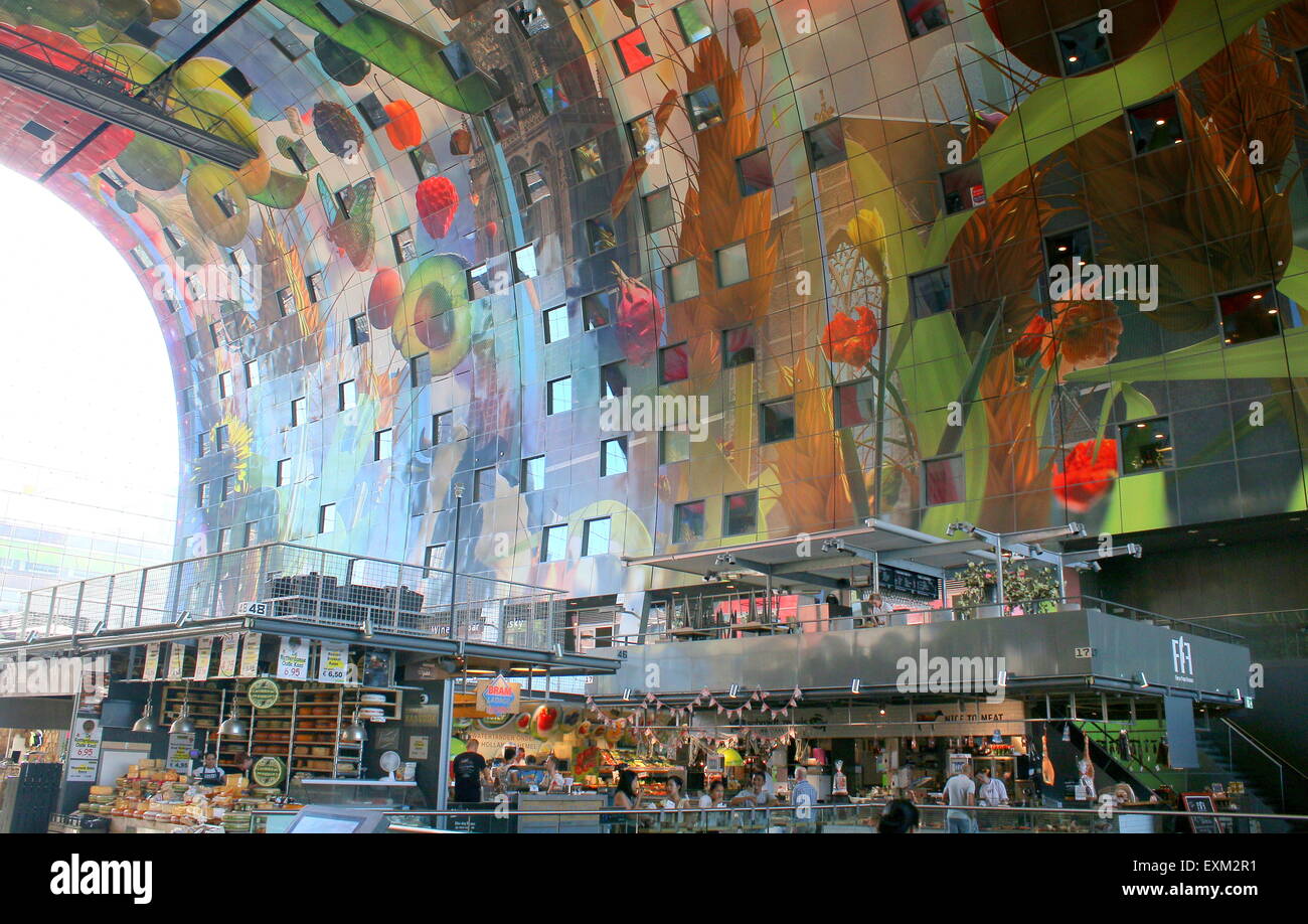 Colourful interior of the Rotterdamse Markthal (Rotterdam Market hall), at Blaak square. Stock Photo