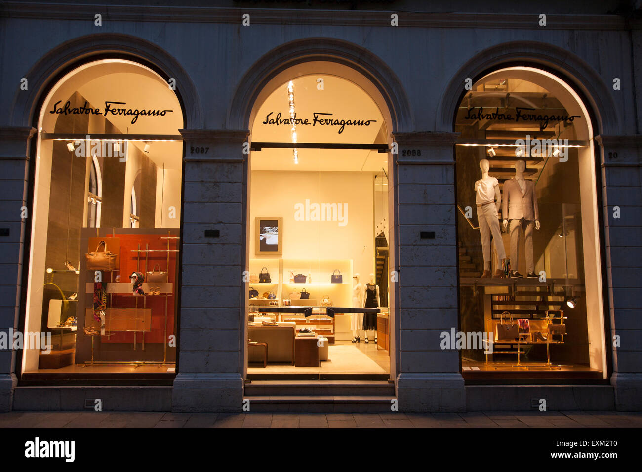 Salvatore Ferragamo Shop Window at Night in Venice; Italy Stock Photo -  Alamy