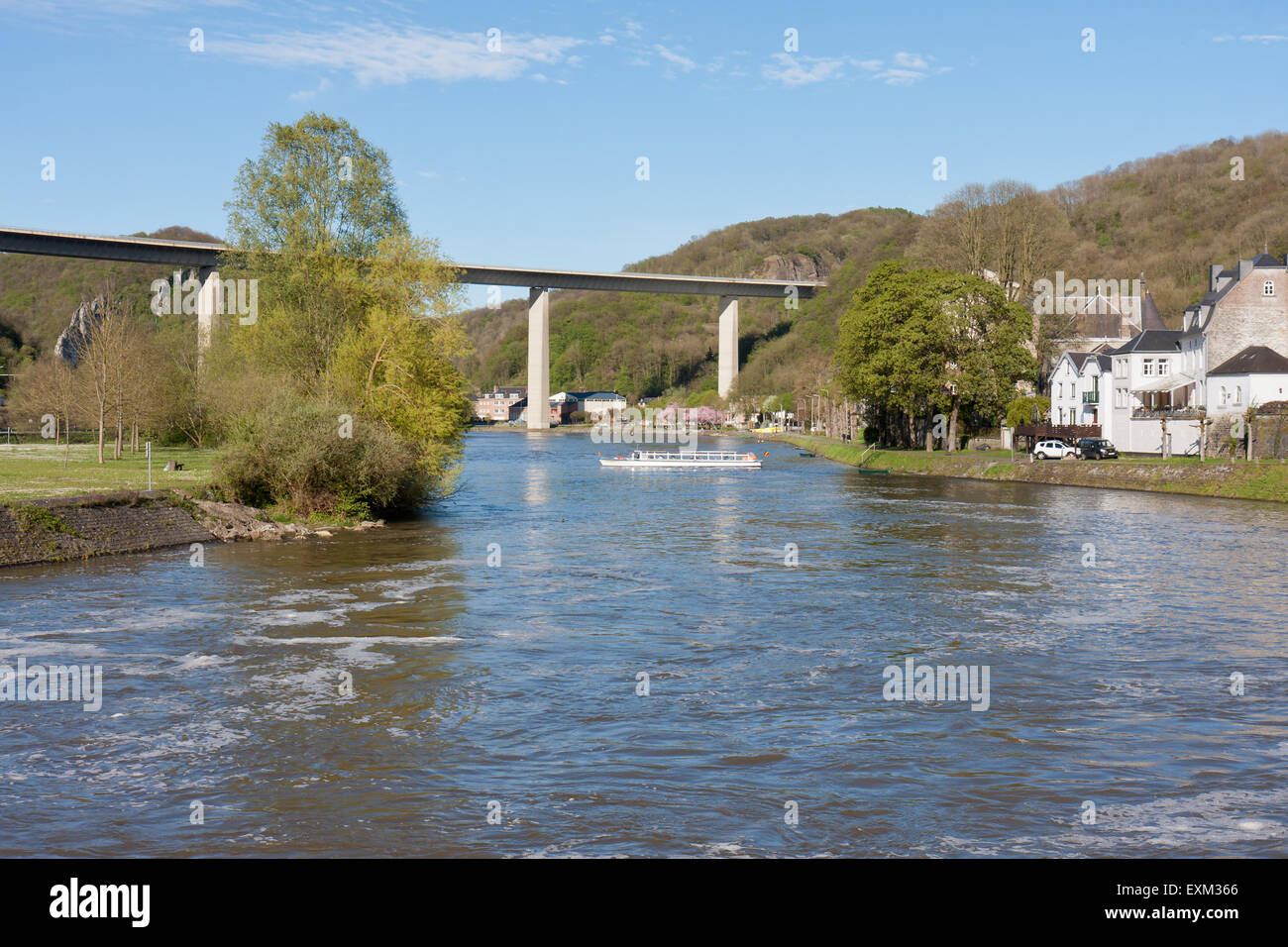 River Meuse near Dinant in Belgium, a highway is crossing te river Stock Photo