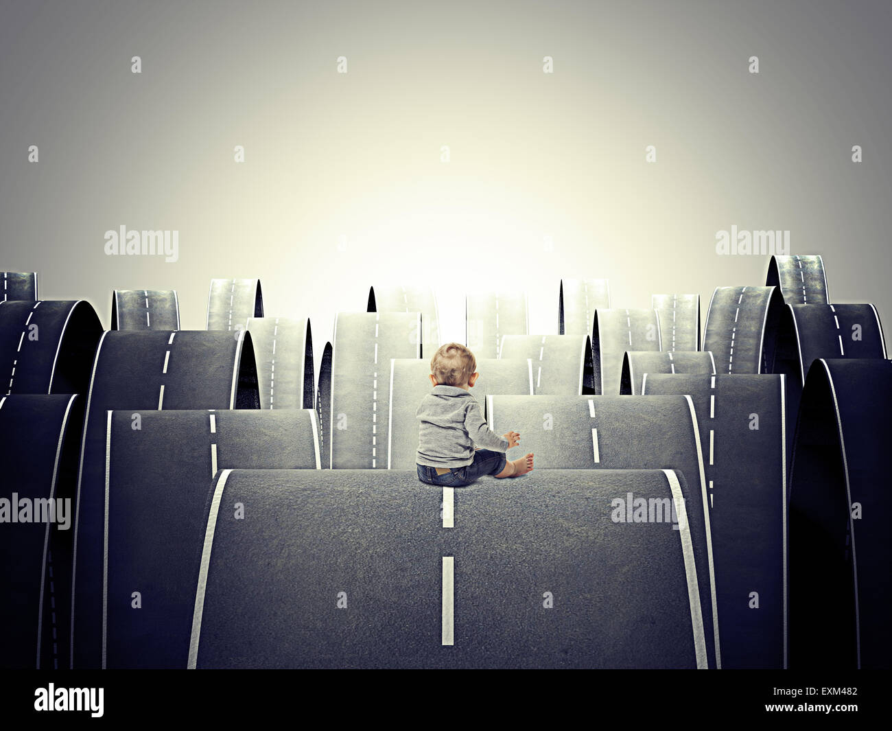 little child and abstract 3d roads Stock Photo