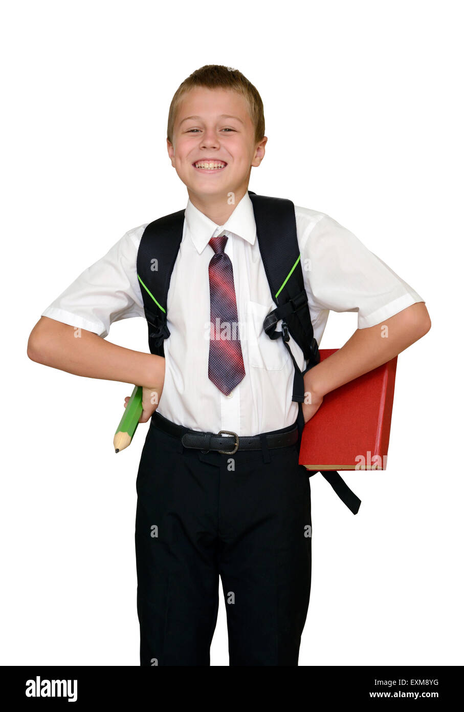 smiling schoolboy with book and pencil Stock Photo
