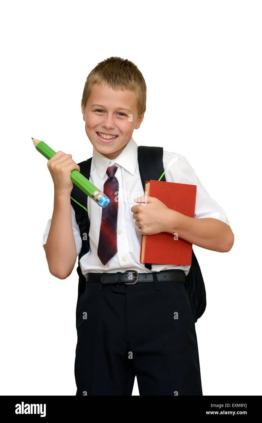 smiling schoolboy with book and pencil Stock Photo